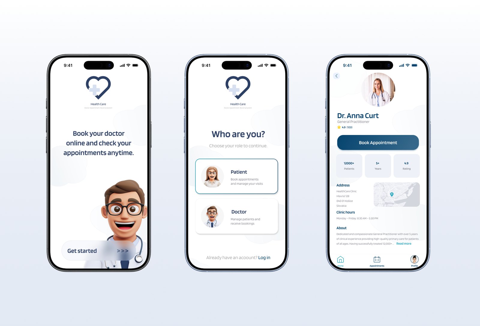 Three key screens of the app