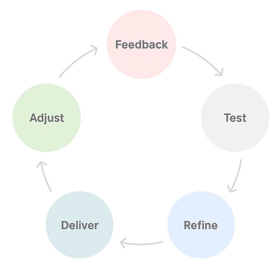 Feedback loop: feedback, test, refine, deliver, adjust